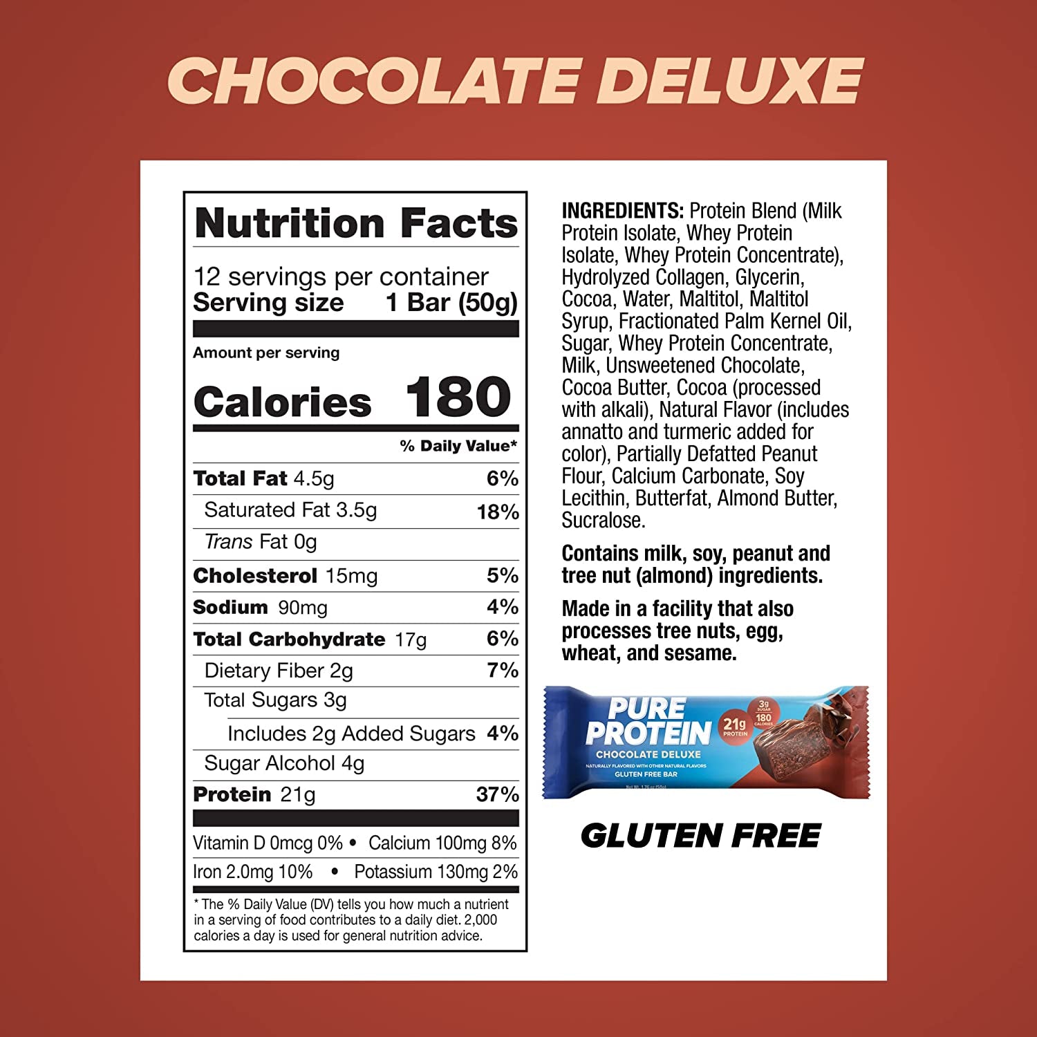 Bars, High Protein, Nutritious Snacks to Support Energy, Low Sugar, Gluten Free, Chocolate Deluxe, 1.76 Oz., 12 Count(Pack of 1) (Packaging May Vary)