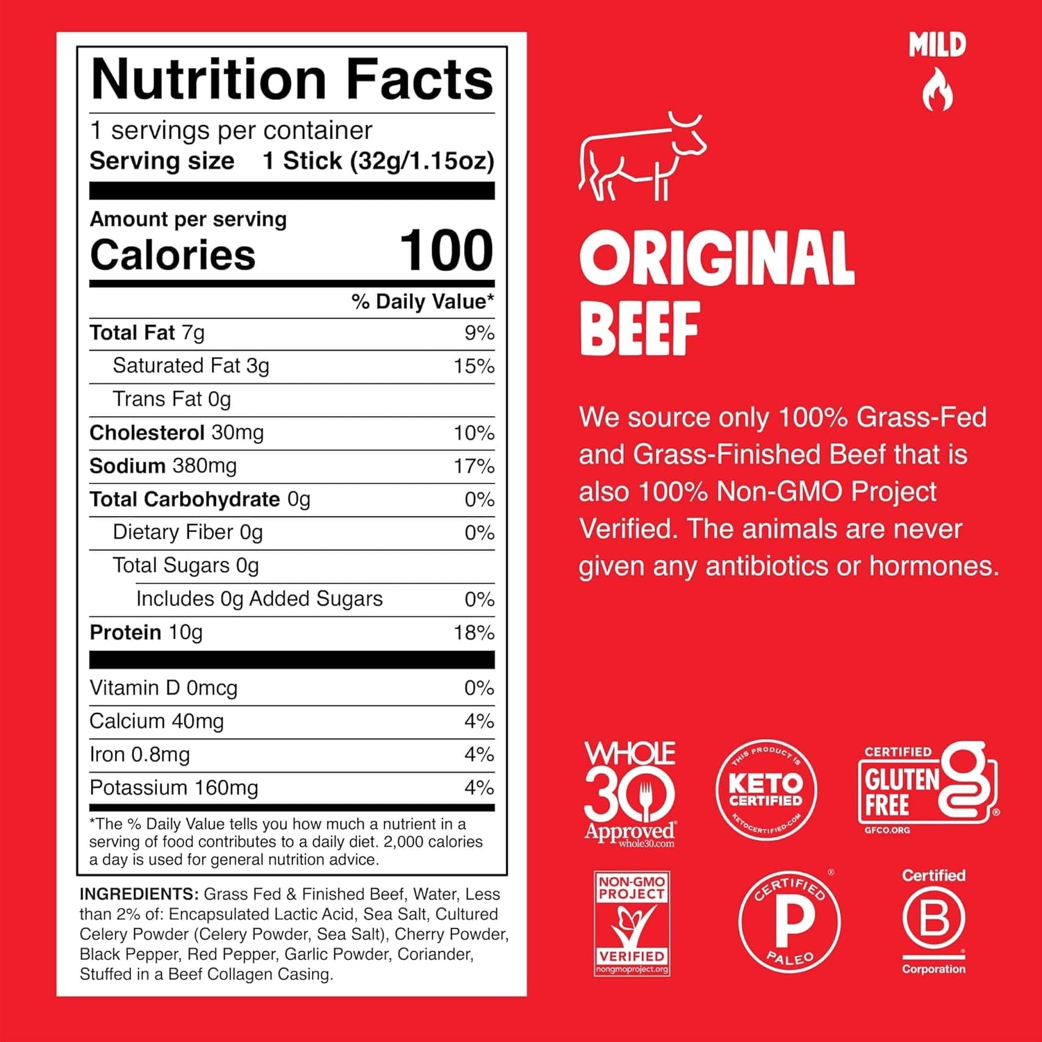 Grass-Fed and Finished Original Beef Jerky Snack Sticks 10-Pack - Keto, Paleo, Whole30, 10G Lean Meat Protein, Gluten-Free, Zero Sugar Food, Non-Gmo