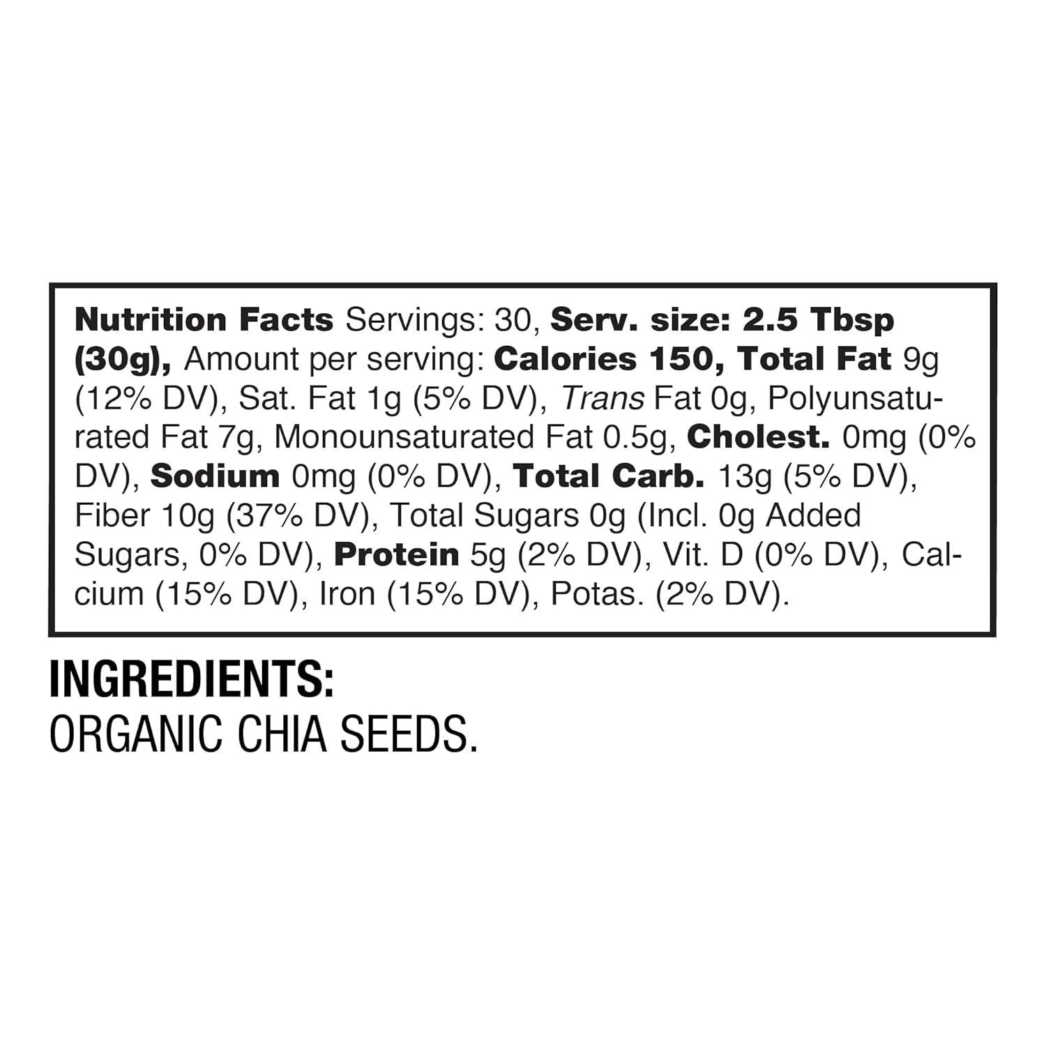 Organic Chia Seeds 2 Lbs, 32 Oz, with Omega-3, Non-Gmo, Gluten Free, Keto Diet Friendly, Vegan, Good Source of Fiber