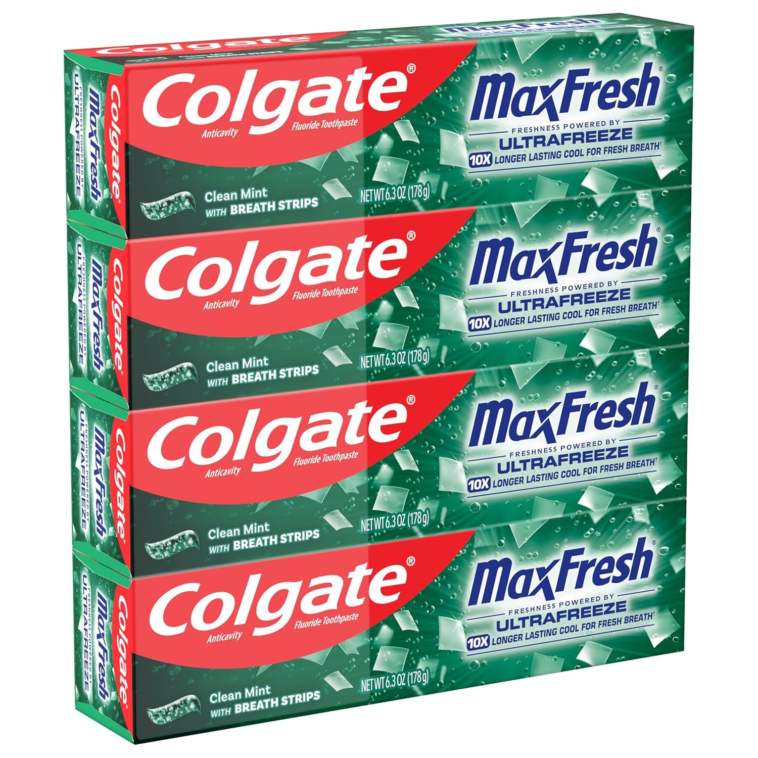 Max Fresh Toothpaste, Whitening Toothpaste with Mini Breath Strips, Clean Mint Toothpaste for Bad Breath, Helps Fight Cavities, Whitens Teeth, and Freshens Breath, 4 Pack, 6.3 Oz Tubes