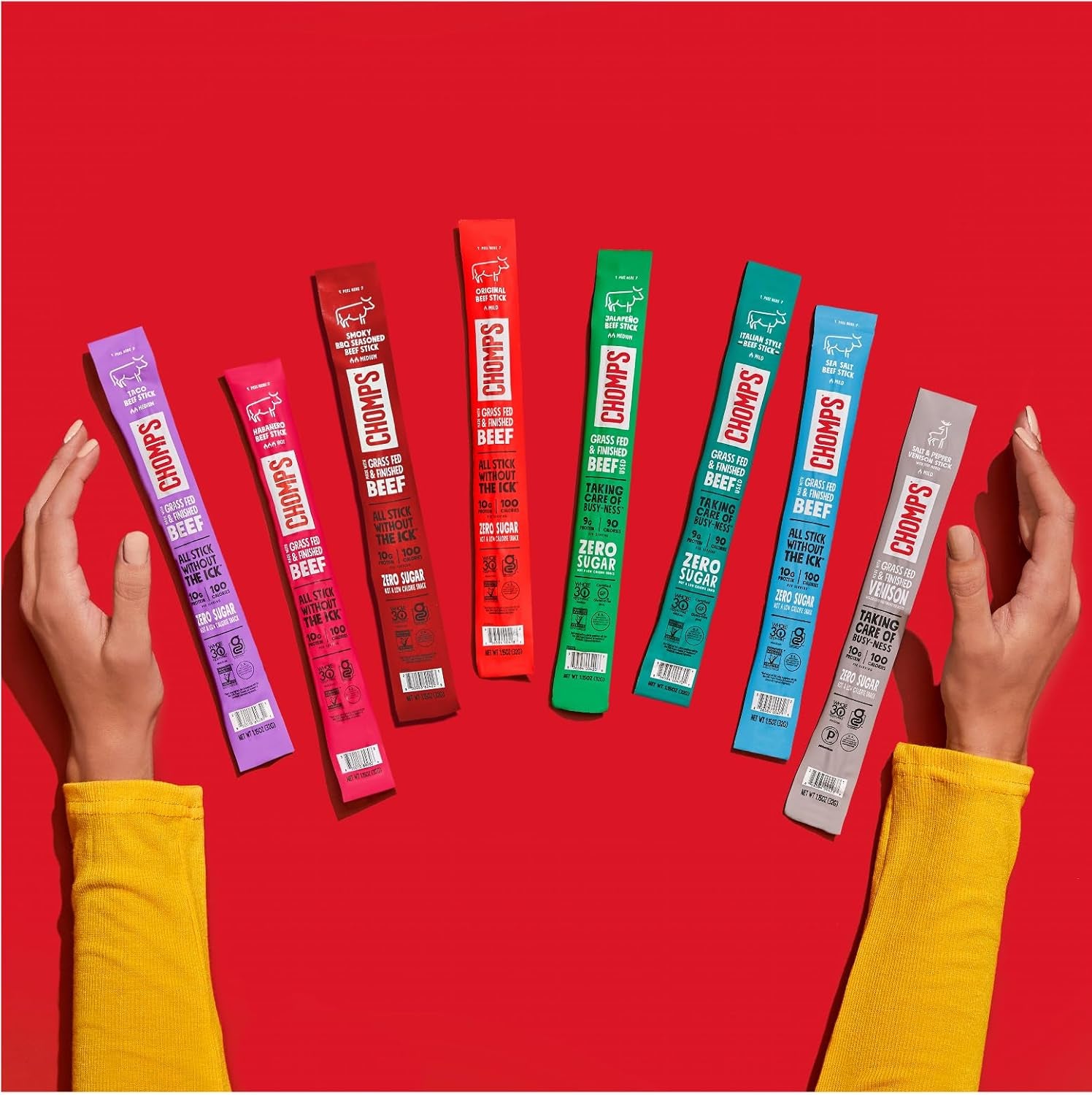 Grass-Fed and Finished Original Beef Jerky Snack Sticks 10-Pack - Keto, Paleo, Whole30, 10G Lean Meat Protein, Gluten-Free, Zero Sugar Food, Non-Gmo