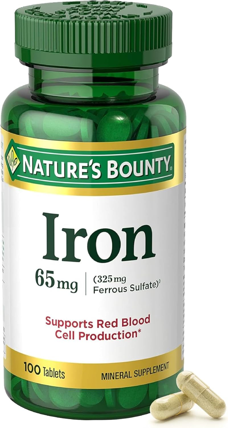 Nature’S Bounty Iron 65Mg, 325 Mg Ferrous Sulfate, Cellular Energy Support, Promotes Normal Red Blood Cell Production, 1 Serving per Day, Gluten Free, 100 Vegetarian Tablets