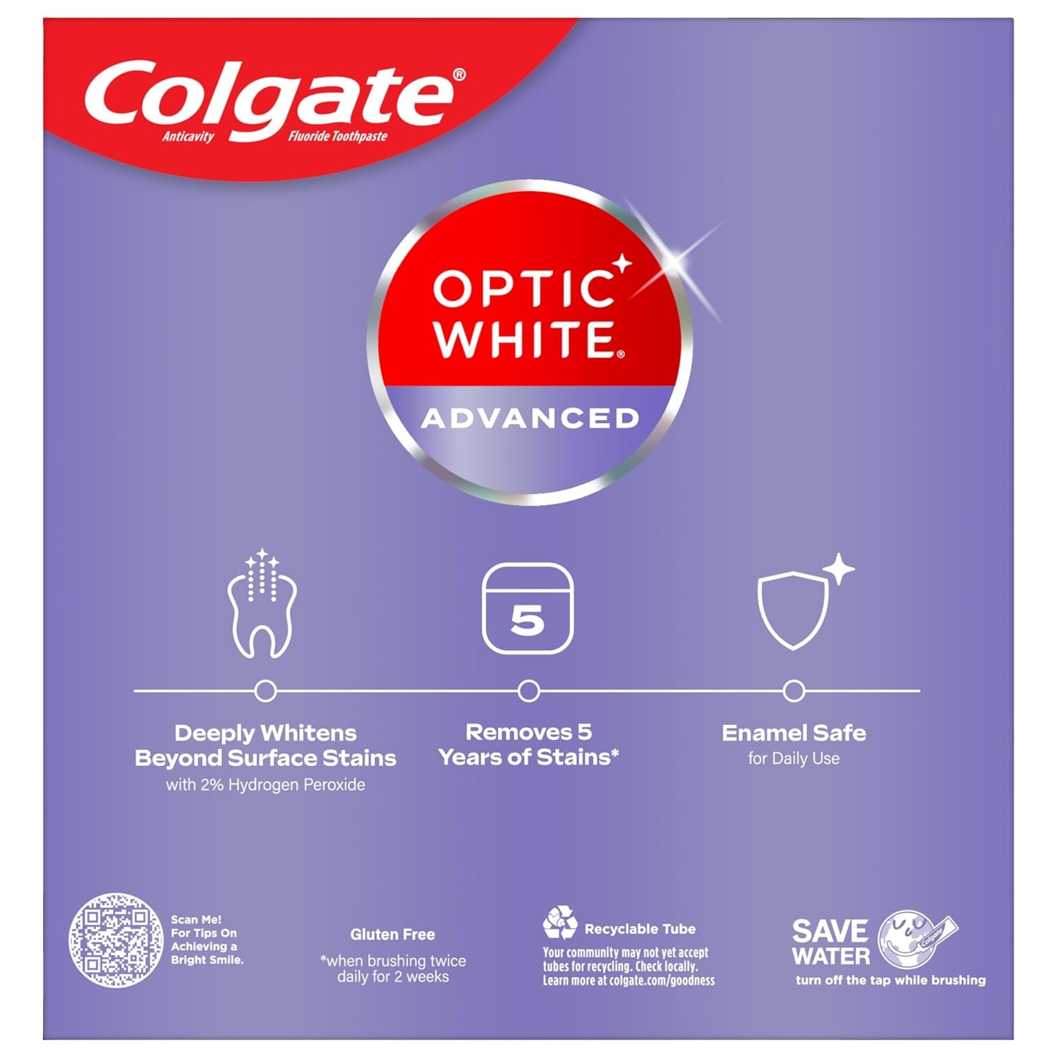 Optic White Advanced Teeth Whitening Toothpaste, 2% Hydrogen Peroxide Toothpaste, Sparkling White, 3.2 Oz, 3 Pack