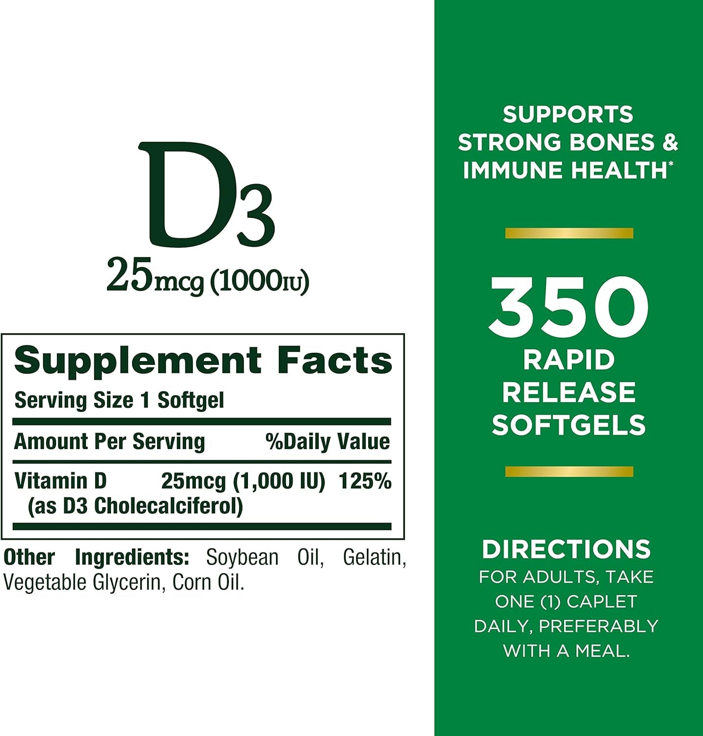 Vitamin D3 1000 IU Softgels, Immune Support, Promotes Healthy Bones, 1 Softgel per Day, Gluten Free, 350 Count