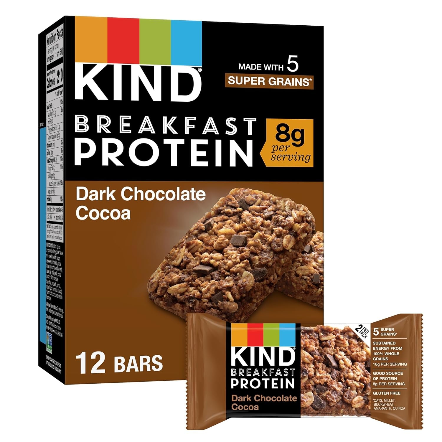 Breakfast Protein Bars, Dark Chocolate Cocoa, Healthy Snacks, Gluten Free, 8G Protein, 6 Count