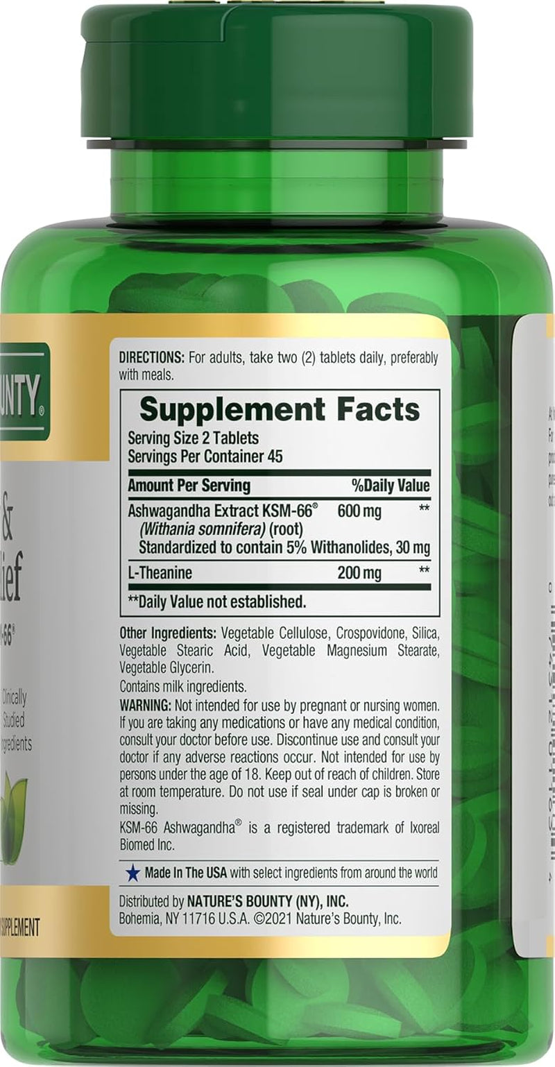 Stress Relief, Ashwagandha KSM-66, Supports Occasional Stress Relief, Dietary Supplement, 2 Tablets per Day, Vegetarian Tablets, Gluten Free, 90 Ct