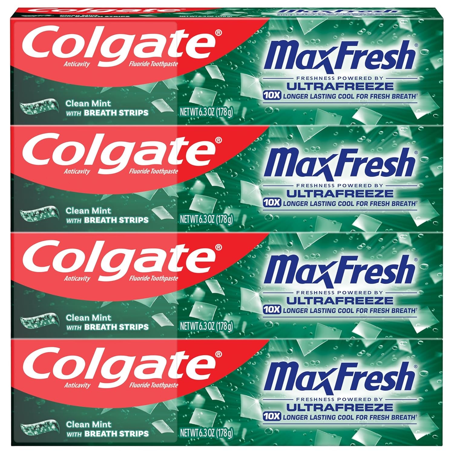 Max Fresh Toothpaste, Whitening Toothpaste with Mini Breath Strips, Clean Mint Toothpaste for Bad Breath, Helps Fight Cavities, Whitens Teeth, and Freshens Breath, 4 Pack, 6.3 Oz Tubes