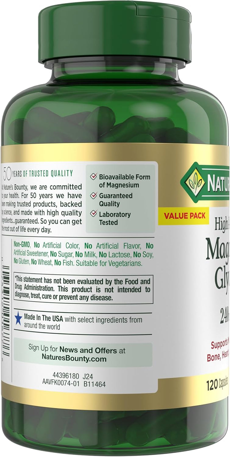 Nature’S Bounty High Absorption Magnesium Glycinate 240 Mg for Supporting Muscle Relaxation and Bone, Heart & Nerve Health – Non-Gmo, Gluten-Free, Vegetarian, 120 Count/60 Servings