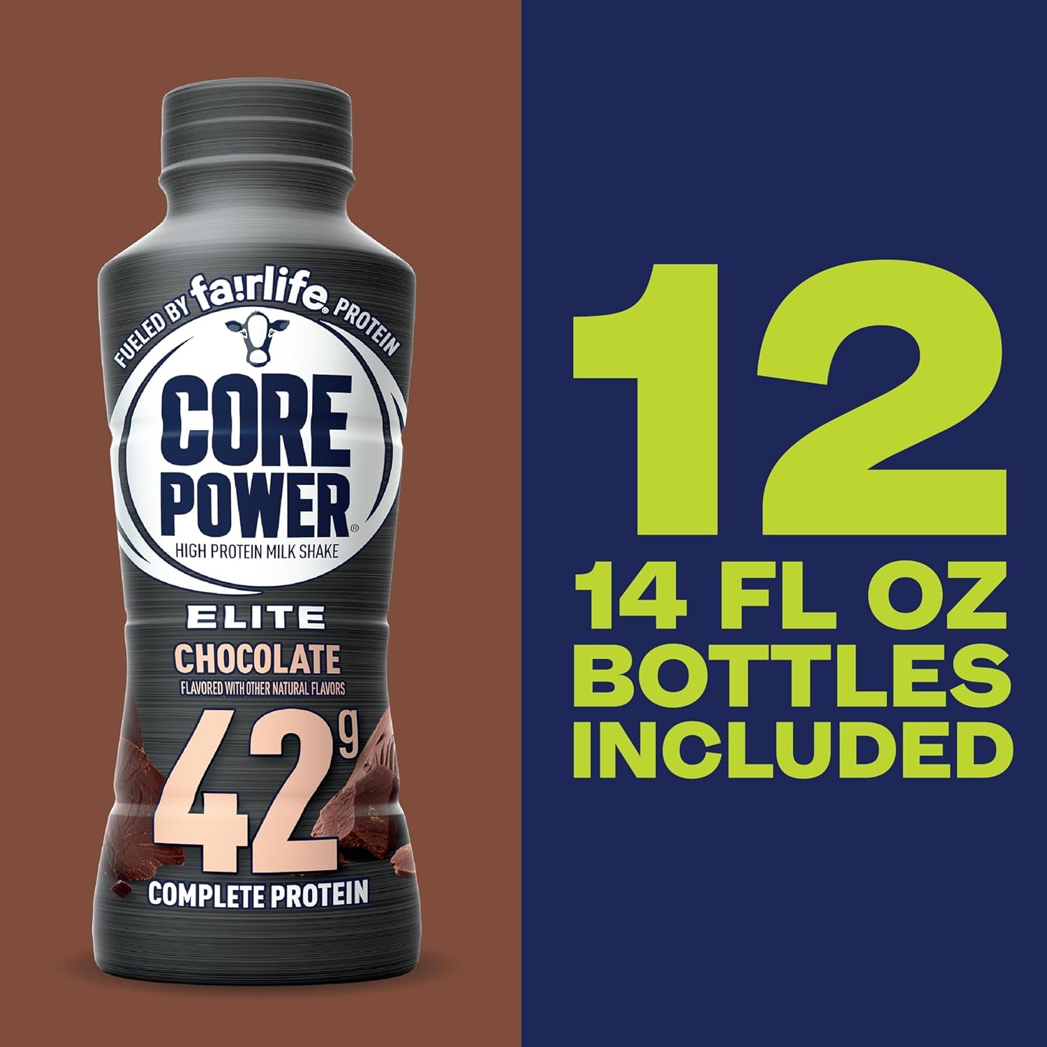 Elite High Protein Shake, Chocolate, 42G Bottle, 14Oz, 12 Pack