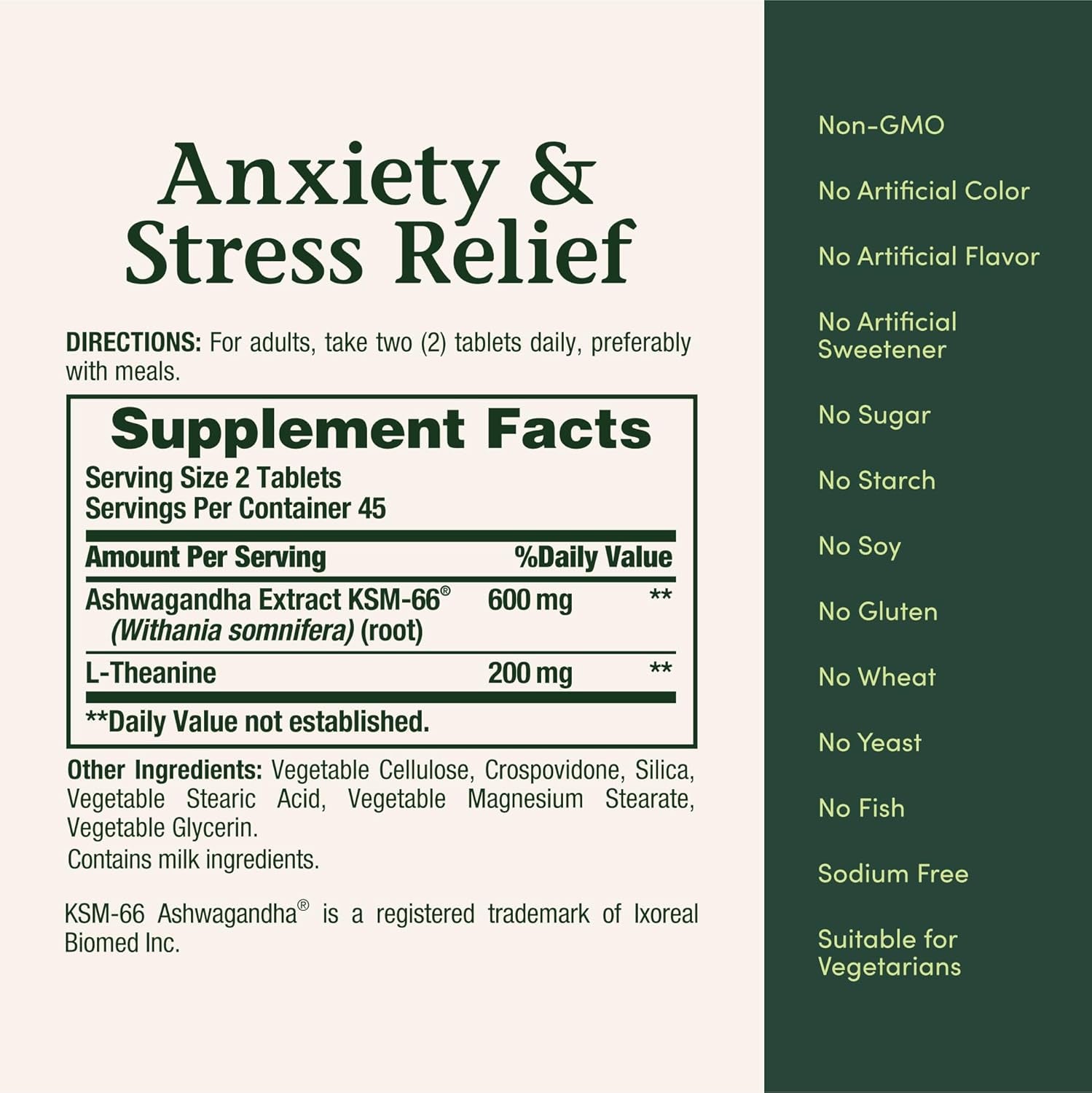 Stress Relief, Ashwagandha KSM-66, Supports Occasional Stress Relief, Dietary Supplement, 2 Tablets per Day, Vegetarian Tablets, Gluten Free, 90 Ct