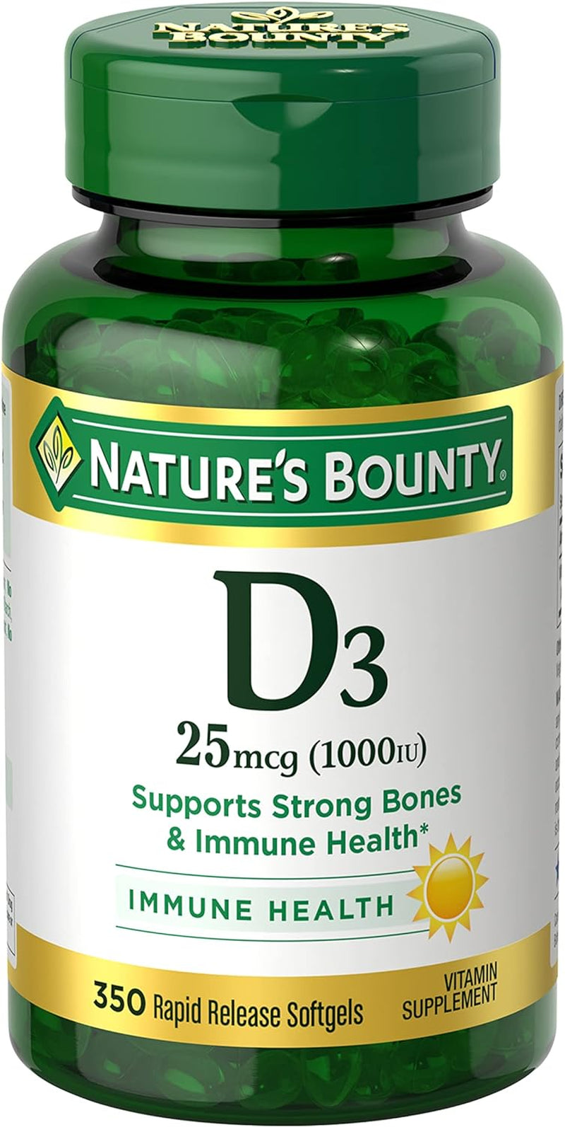 Vitamin D3 1000 IU Softgels, Immune Support, Promotes Healthy Bones, 1 Softgel per Day, Gluten Free, 350 Count