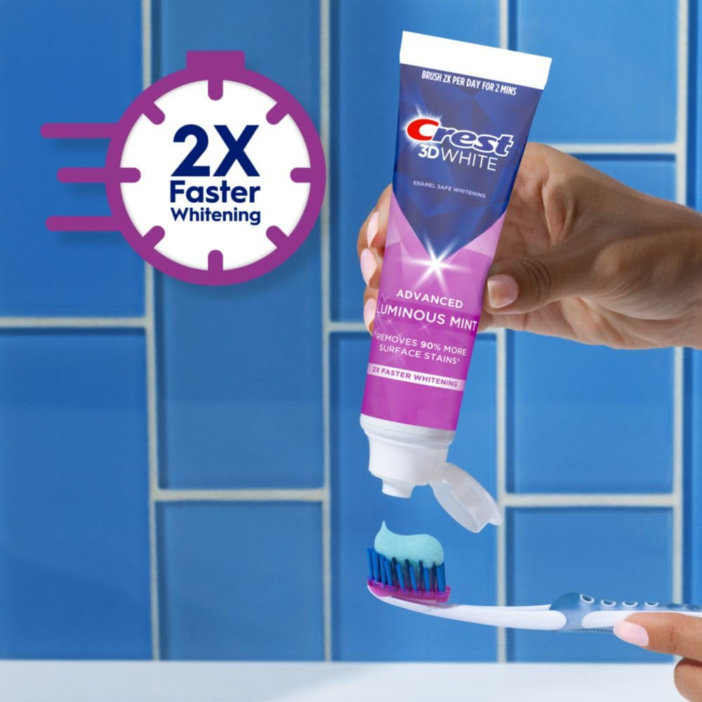 3D White Advanced Luminous Mint Teeth Whitening Toothpaste,  Toothpaste, 3.7 Oz Pack of 4 - Helps Remove Surface Stains, Whitens Teeth, Strengthens Tooth Enamel, Protects against Cavities