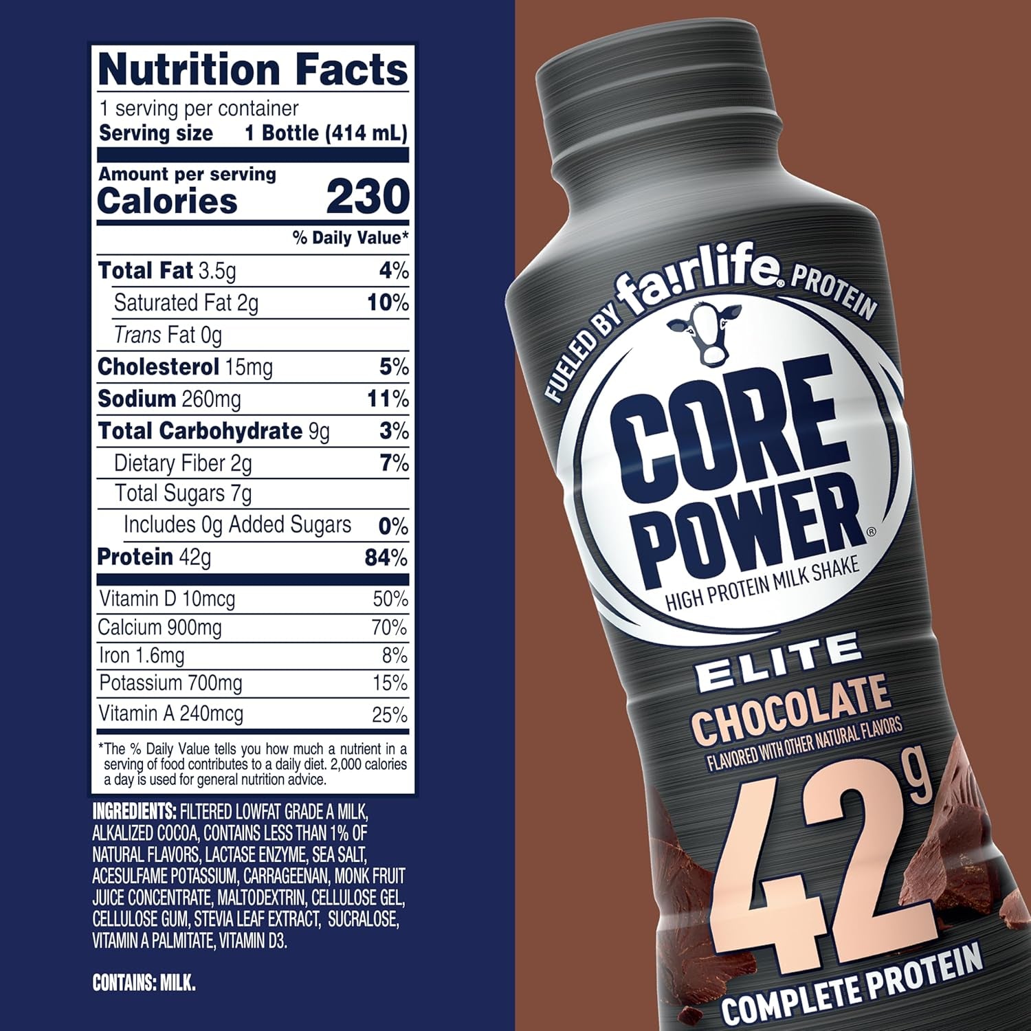 Elite High Protein Shake, Chocolate, 42G Bottle, 14Oz, 12 Pack