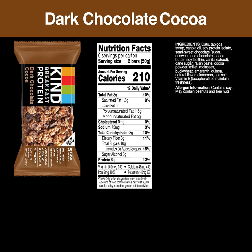 Breakfast Protein Bars, Dark Chocolate Cocoa, Healthy Snacks, Gluten Free, 8G Protein, 6 Count