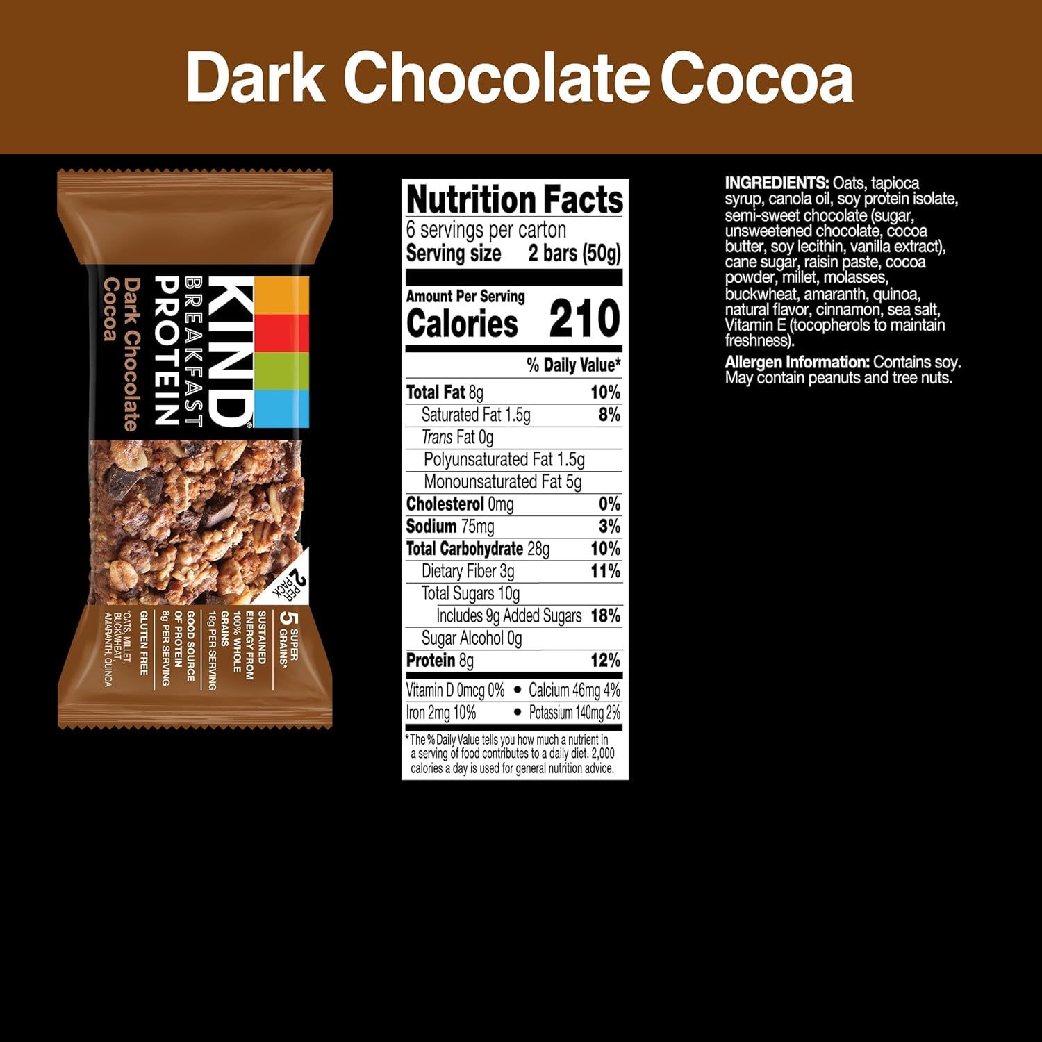 Breakfast Protein Bars, Dark Chocolate Cocoa, Healthy Snacks, Gluten Free, 8G Protein, 6 Count