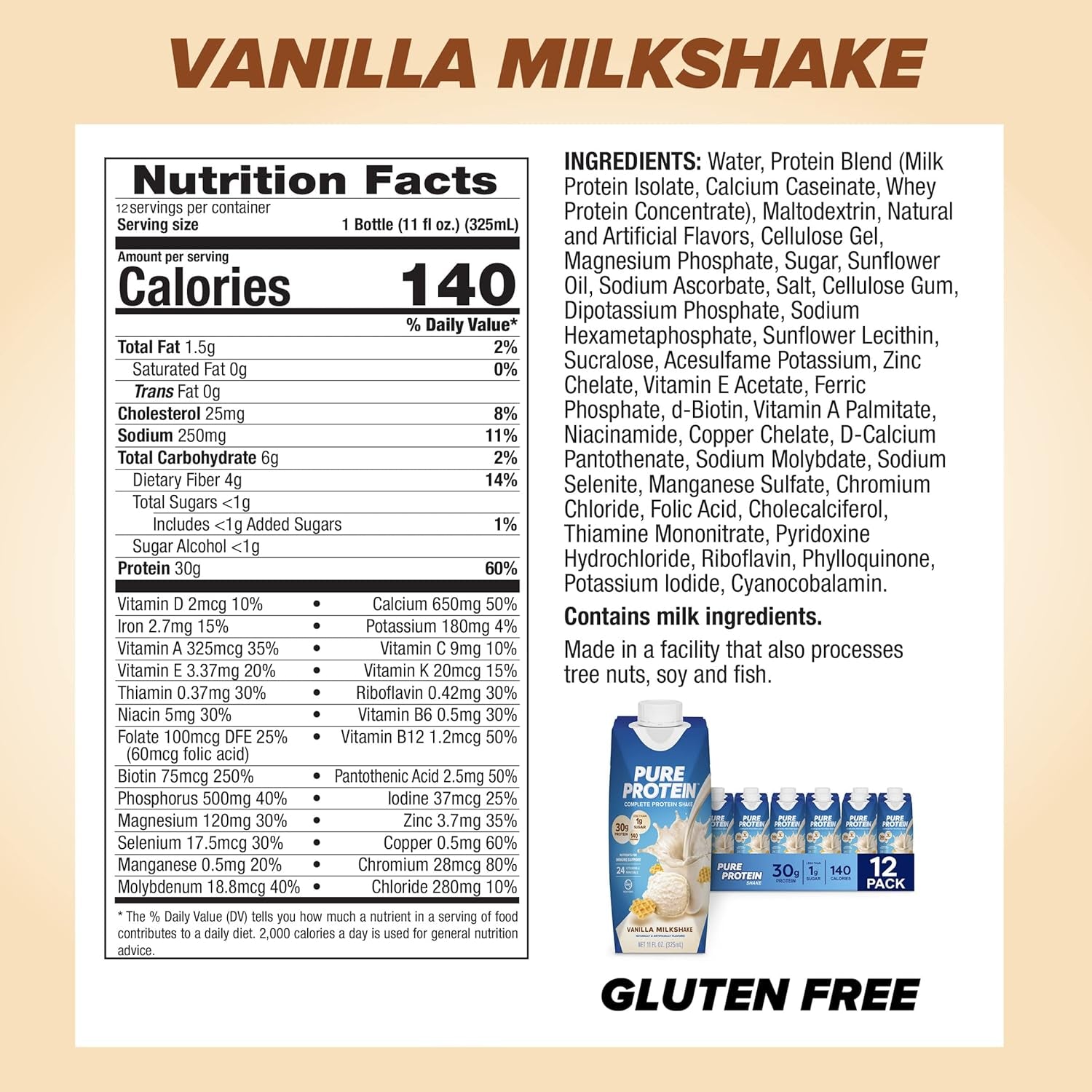 Vanilla Protein Shake, 30G Complete Protein, Vitamins A, C, D, and E plus Zinc to Support Immune Health, Ready to Drink and Keto-Friendly, 11Oz Bottles, 12 Pack
