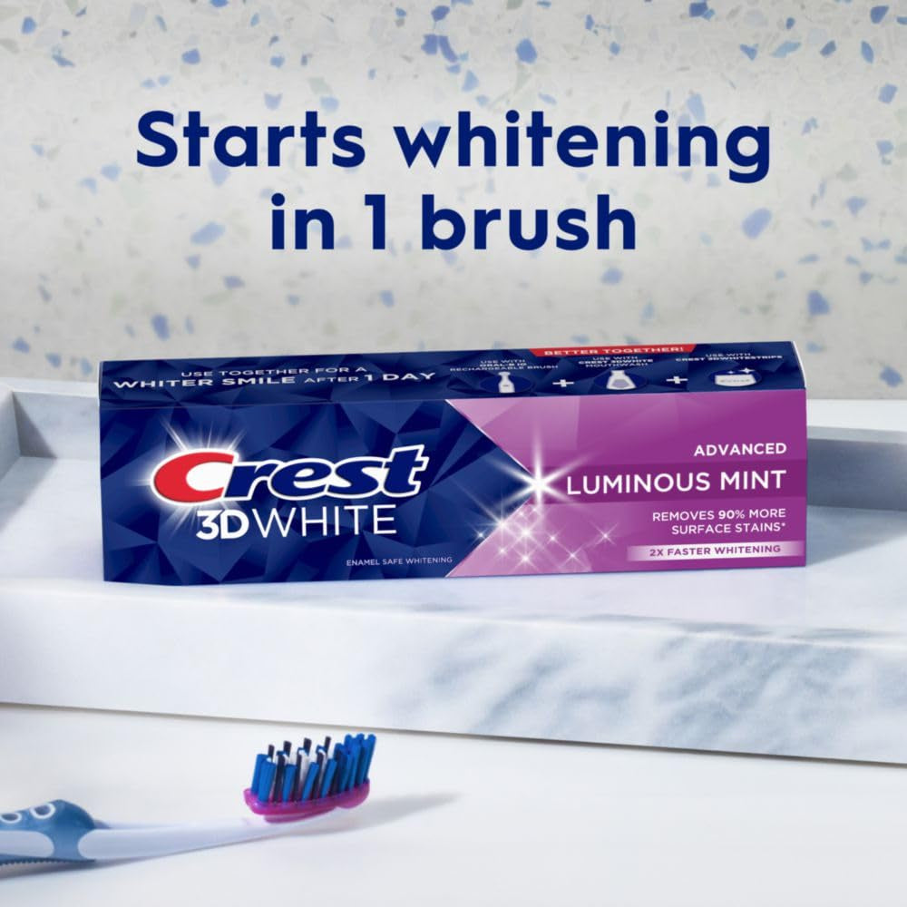 3D White Advanced Luminous Mint Teeth Whitening Toothpaste,  Toothpaste, 3.7 Oz Pack of 4 - Helps Remove Surface Stains, Whitens Teeth, Strengthens Tooth Enamel, Protects against Cavities