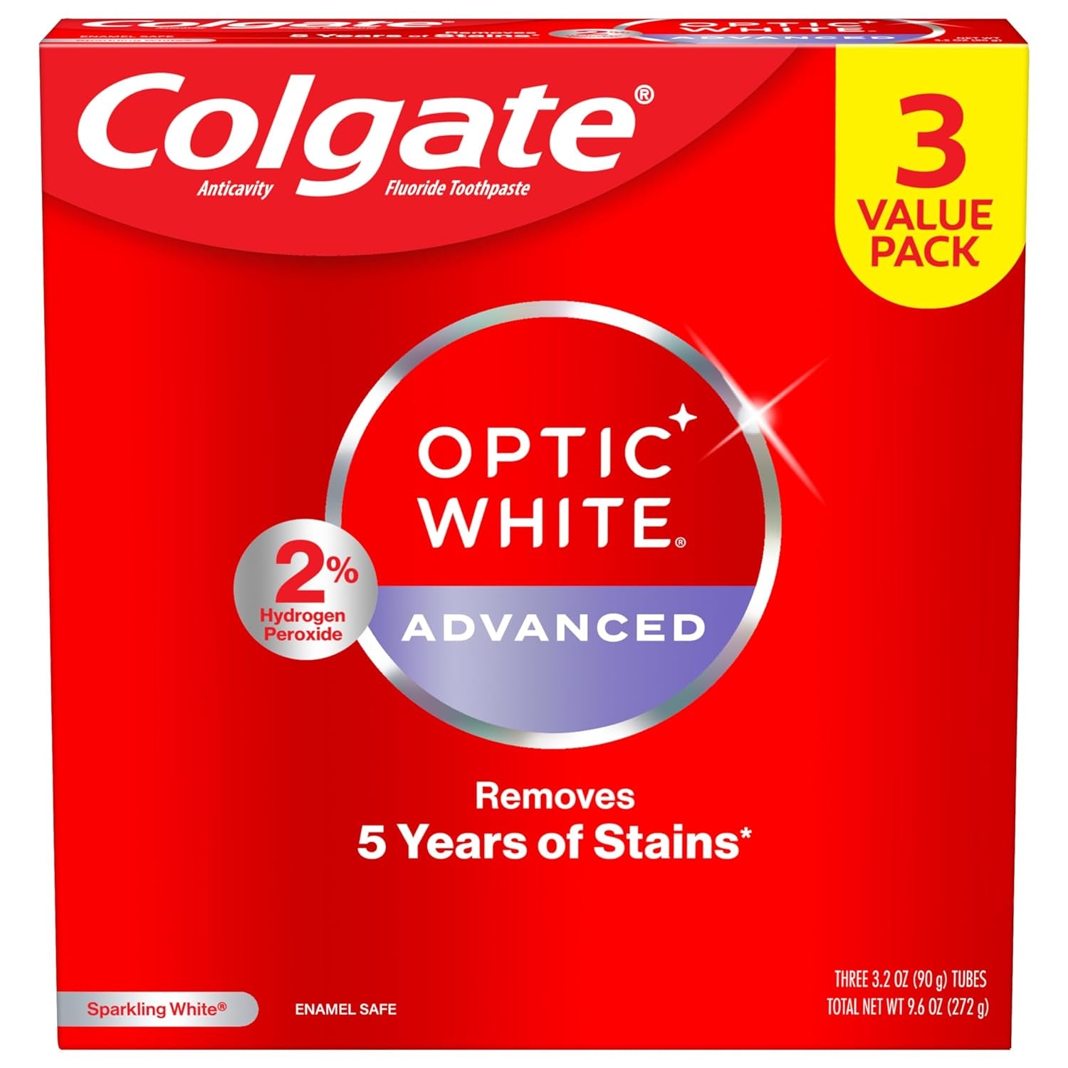 Optic White Advanced Teeth Whitening Toothpaste, 2% Hydrogen Peroxide Toothpaste, Sparkling White, 3.2 Oz, 3 Pack