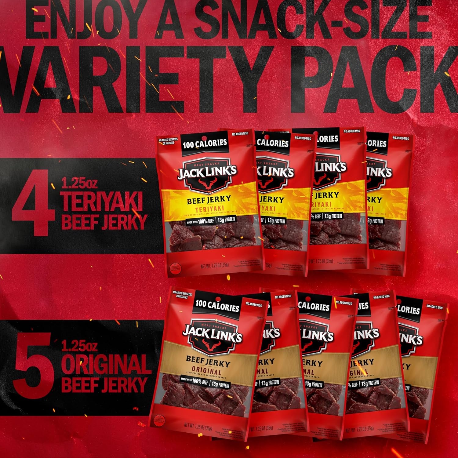Beef Jerky Variety Pack - Includes Original and Teriyaki Jerky, Bulk Protein Snack Pack, Good Source of Protein, Meat Snacks Made with 100% Beef, Individual Bags - 1.25 Oz (Pack of 9)