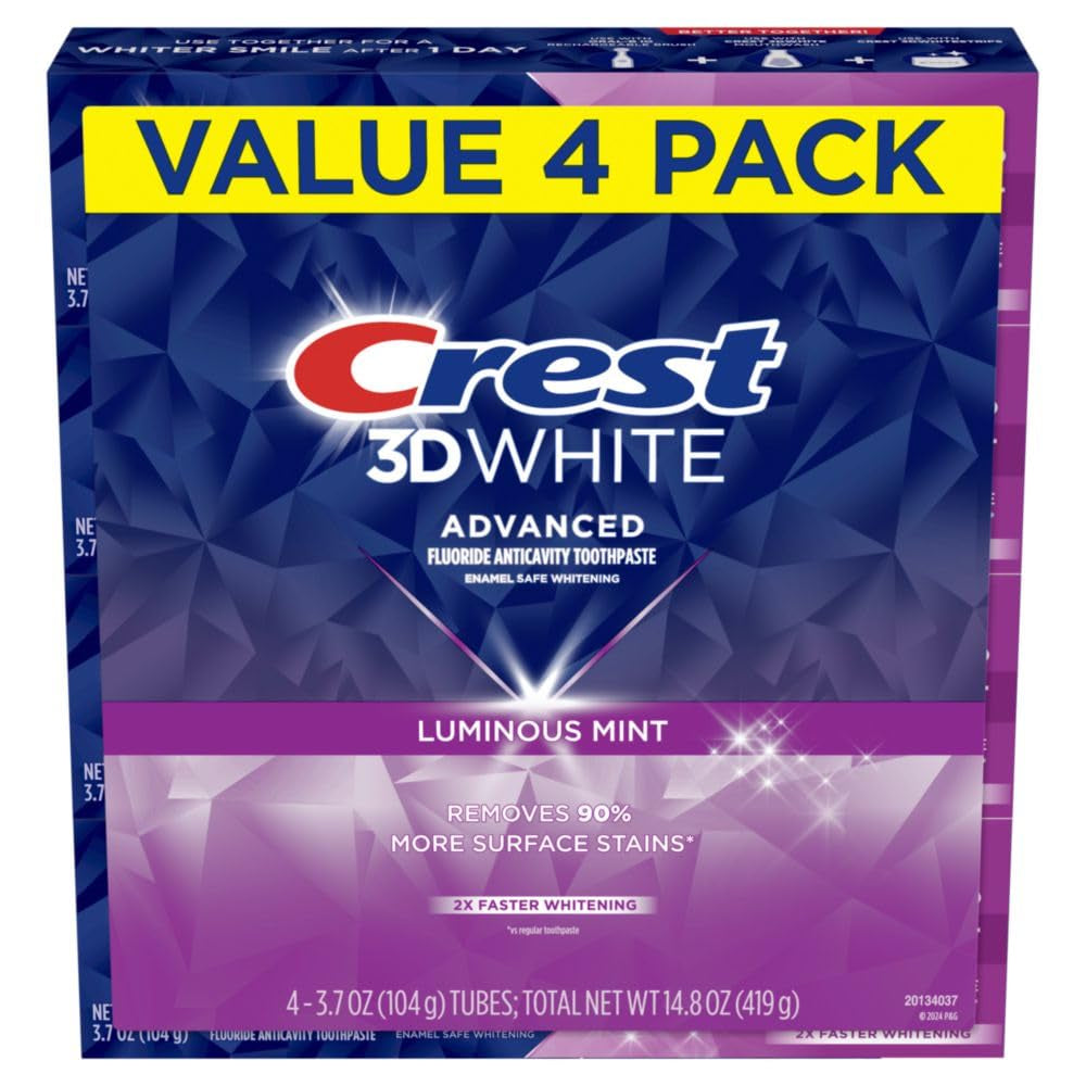 3D White Advanced Luminous Mint Teeth Whitening Toothpaste,  Toothpaste, 3.7 Oz Pack of 4 - Helps Remove Surface Stains, Whitens Teeth, Strengthens Tooth Enamel, Protects against Cavities
