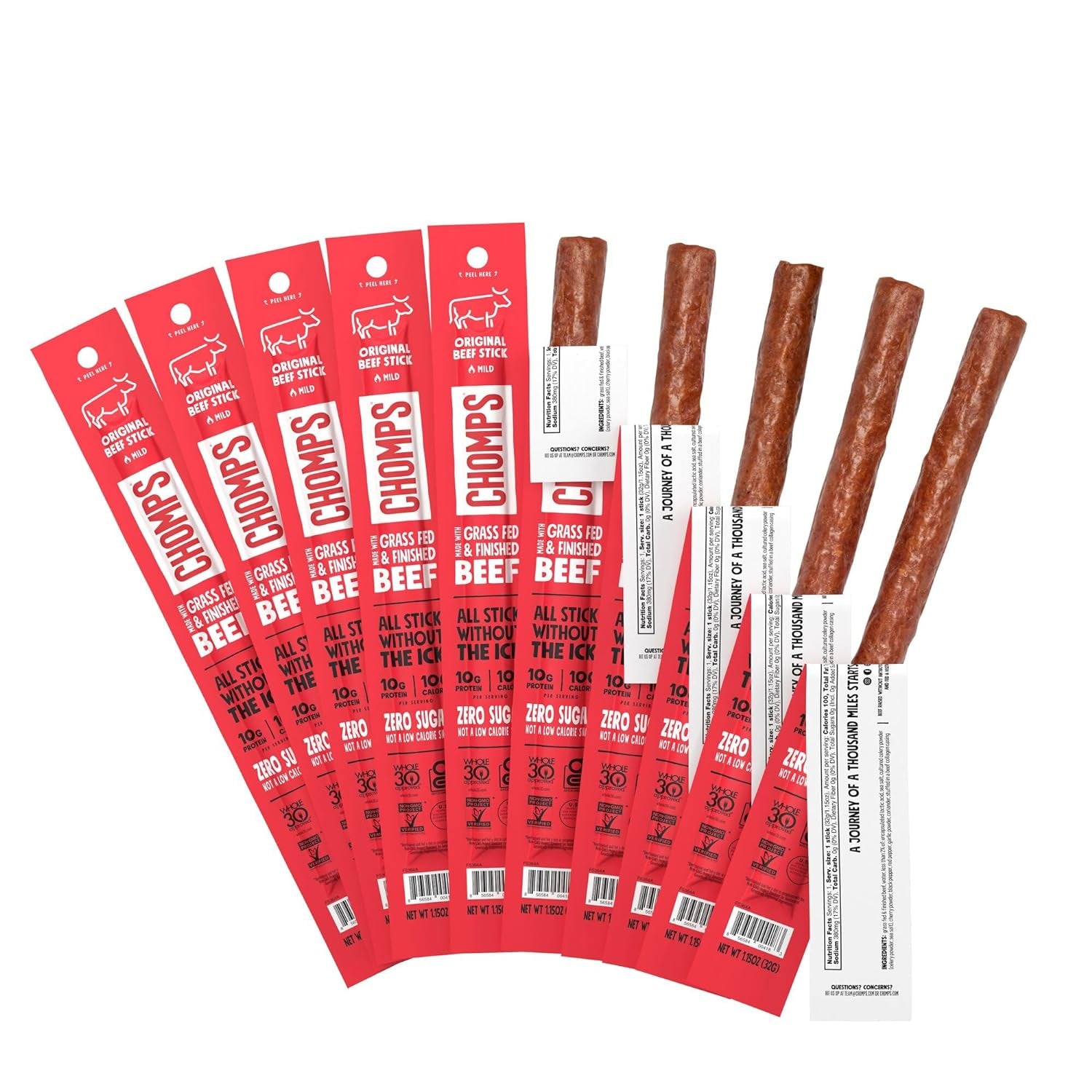 Grass-Fed and Finished Original Beef Jerky Snack Sticks 10-Pack - Keto, Paleo, Whole30, 10G Lean Meat Protein, Gluten-Free, Zero Sugar Food, Non-Gmo