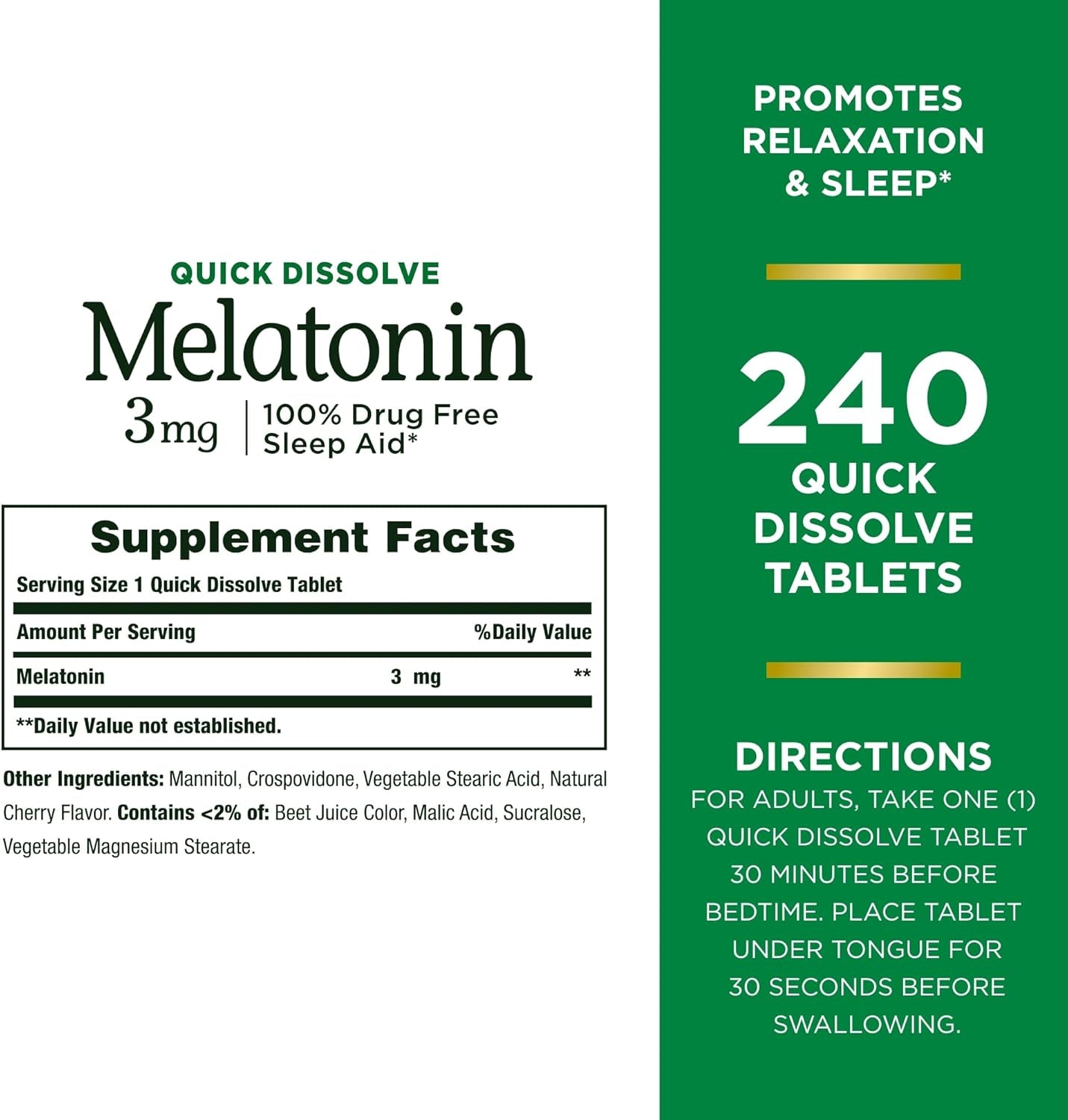 Melatonin 3Mg Quick Dissolve, Sleep Aid Supplement, Sleep Aids for Adults, Cherry Flavor, 240 Count (Pack of 1), Package May Vary